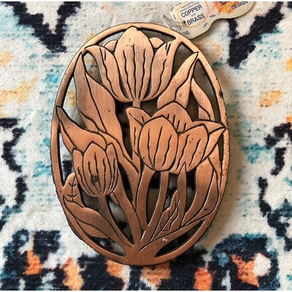 Vintage copper trivet Dutch design tulips 80s cottage new with tags - Picture 1 of 6